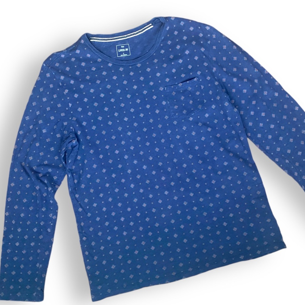 GAP • Lived In style pocket long sleeve t-shirt navy blue novelty print Sz Large